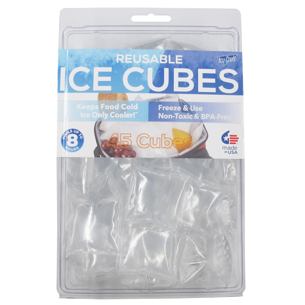 Reusable ice cubes available in 7 colors this one is clear.